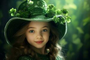 AI generated Portrait of a beautiful little girl in a green hat.St. Patrick's Day Concept photo