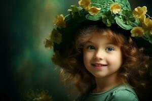 ai generado retrato de un hermosa pequeño niña en un verde sombrero.st. patrick's día concepto foto