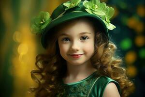 ai generado retrato de un hermosa pequeño niña en un verde sombrero.st. patrick's día concepto foto