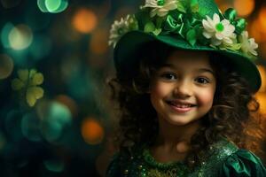 ai generado retrato de un hermosa pequeño niña en un verde sombrero.st. patrick's día concepto foto