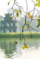 Hoan Kiem Lake - Ho Guom or Sword lake in the center of Hanoi in the fog in the morning. photo