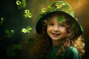 AI generated Portrait of a beautiful little girl in a green hat.St. Patrick's Day Concept photo