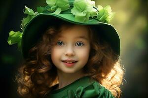 ai generado retrato de un hermosa pequeño niña en un verde sombrero.st. patrick's día concepto foto