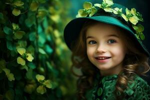 ai generado retrato de un hermosa pequeño niña en un verde sombrero.st. patrick's día concepto foto