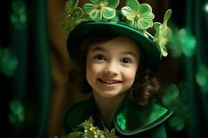 ai generado retrato de un hermosa pequeño niña en un verde sombrero.st. patrick's día concepto foto