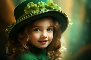 ai generado retrato de un hermosa pequeño niña en un verde sombrero.st. patrick's día concepto foto