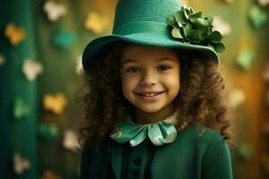 AI generated Portrait of a beautiful little girl in a green hat.St. Patrick's Day Concept photo