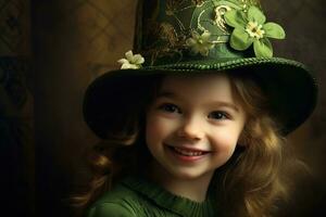 ai generado retrato de un hermosa pequeño niña en un verde sombrero.st. patrick's día concepto foto