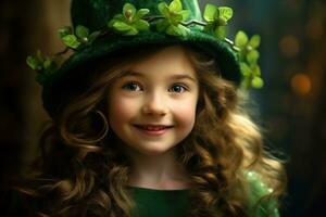 ai generado retrato de un hermosa pequeño niña en un verde sombrero.st. patrick's día concepto foto