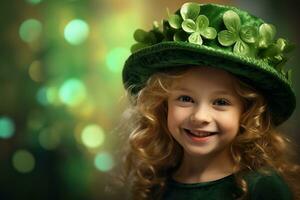 AI generated Portrait of a beautiful little girl in a green hat.St. Patrick's Day Concept photo