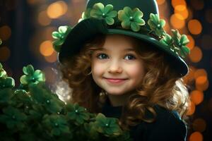 AI generated Portrait of a beautiful little girl in a green hat.St. Patrick's Day Concept photo