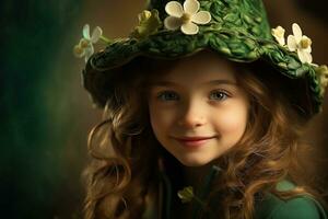 ai generado retrato de un hermosa pequeño niña en un verde sombrero.st. patrick's día concepto foto