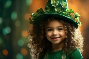 AI generated Portrait of a beautiful little girl in a green hat.St. Patrick's Day Concept photo