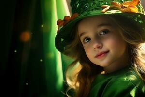 AI generated Portrait of a beautiful little girl in a green hat.St. Patrick's Day Concept photo