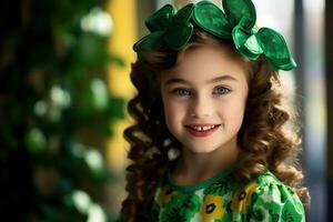 AI generated Portrait of a beautiful little girl in a green hat.St. Patrick's Day Concept photo