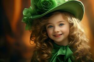 ai generado retrato de un hermosa pequeño niña en un verde sombrero.st. patrick's día concepto foto