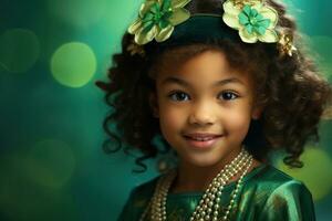 ai generado retrato de un hermosa pequeño niña en un verde sombrero.st. patrick's día concepto foto