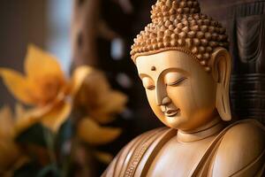 AI generated closeup of Buddha statue in buddhist temple photo