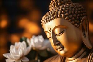 AI generated closeup of Buddha statue in buddhist temple photo