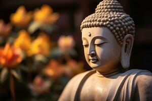 AI generated closeup of Buddha statue in buddhist temple photo