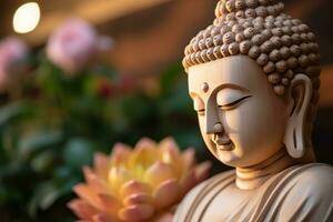 AI generated closeup of Buddha statue in buddhist temple photo