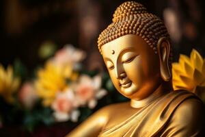 AI generated closeup of Buddha statue in buddhist temple photo