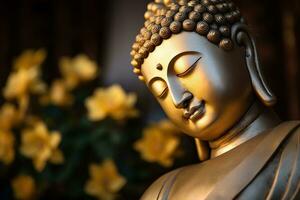 AI generated closeup of Buddha statue in buddhist temple photo