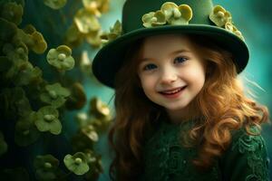 ai generado retrato de un hermosa pequeño niña en un verde sombrero.st. patrick's día concepto foto