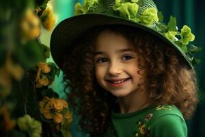 AI generated Portrait of a beautiful little girl in a green hat.St. Patrick's Day Concept photo