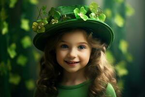 AI generated Portrait of a beautiful little girl in a green hat.St. Patrick's Day Concept photo