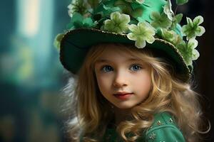 AI generated Portrait of a beautiful little girl in a green hat.St. Patrick's Day Concept photo