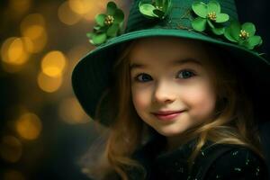 ai generado retrato de un hermosa pequeño niña en un verde sombrero.st. patrick's día concepto foto