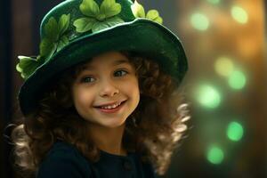 ai generado retrato de un hermosa pequeño niña en un verde sombrero.st. patrick's día concepto foto