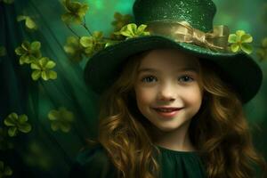 ai generado retrato de un hermosa pequeño niña en un verde sombrero.st. patrick's día concepto foto