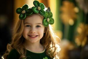 AI generated Portrait of a beautiful little girl in a green hat.St. Patrick's Day Concept photo