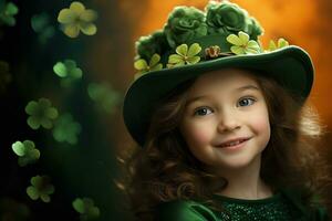 ai generado retrato de un hermosa pequeño niña en un verde sombrero.st. patrick's día concepto foto