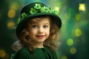 ai generado retrato de un hermosa pequeño niña en un verde sombrero.st. patrick's día concepto foto