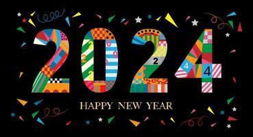 Happy new year 2024 design,Colourful geometric style on black background,Vector Typography text deco design for poster, banner,greeting,Christmas,New year 2024 celebration,Xmas Party invitation vector