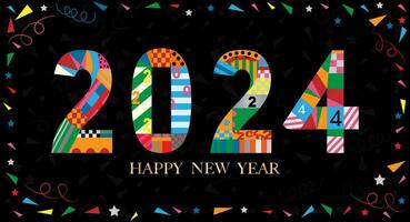 Happy new year 2024 design,Colourful geometric style on black background,Vector Typography text deco design for poster, banner,greeting,Christmas,New year 2024 celebration vector