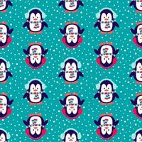 Penguin seamless pattern with snow. Vector design.