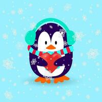 Penguin in wintertime with earmuffs, scarf and red heart in its hands. Snowflakes falling down. Cartoon vector design.