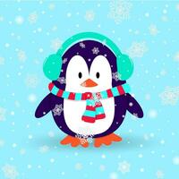 Penguin in wintertime with earmuffs and scarf and snowflakes falling down. Cartoon vector design.