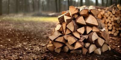 AI generated Cut firewood logs stacked ready to use with white background photo