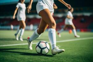 ai generado de cerca de fútbol pelota en movimiento en césped impulsado por niña foto