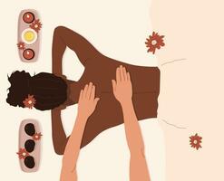 negro mujer relajante a el cuerpo masaje. masaje en spa centro. curación procedimientos en salud centro. caliente Roca masaje. parte superior vista. vector ilustración