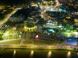 Aerial panorama view of Sunflower Building at Lam Vien Square in Da Lat City. Tourist city in developed Vietnam. Center Square of Da Lat city with Xuan Huong lake photo