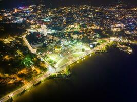 Aerial panorama view of Sunflower Building at Lam Vien Square in Da Lat City. Tourist city in developed Vietnam. Center Square of Da Lat city with Xuan Huong lake photo