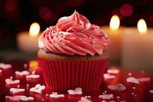 AI generated Valentine cupcake with heart-shaped sprinkles on red background photo