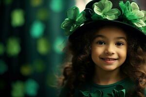 AI generated Portrait of a beautiful little girl in a green hat.St. Patrick's Day Concept photo