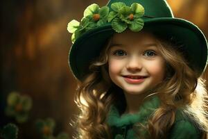 ai generado retrato de un hermosa pequeño niña en un verde sombrero.st. patrick's día concepto foto